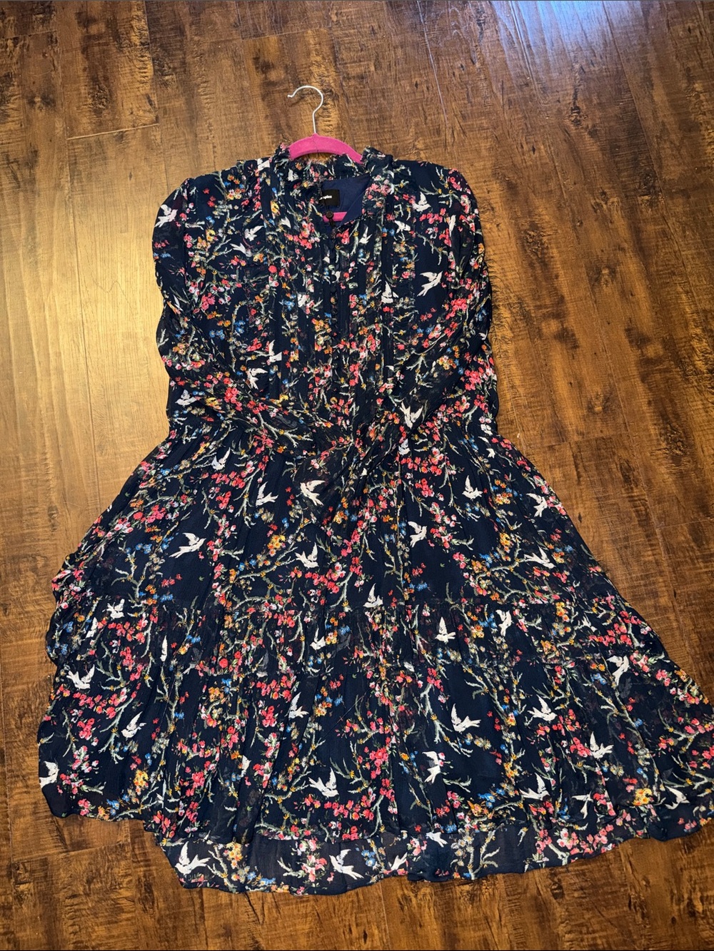 The Kooples Navy Floral Bird-Print Long-Sleeve Dress
